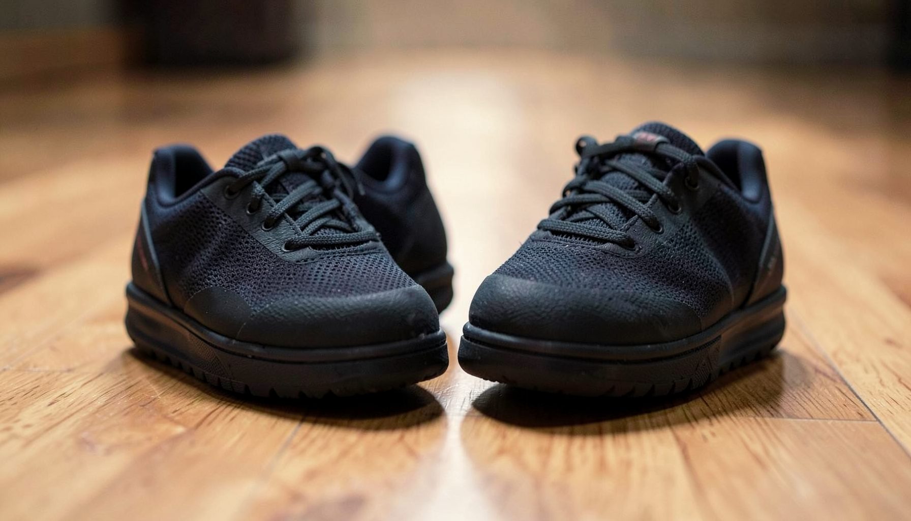 Youth-sized basketball sneakers in dark tones on a wooden floor, soft overhead glow
