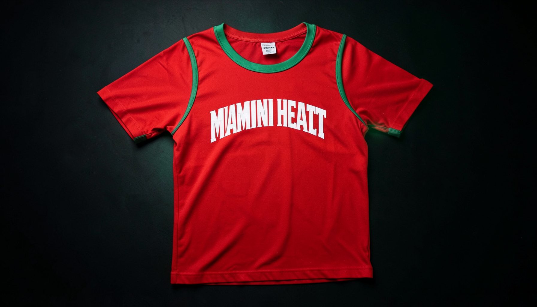 Miami Heat red throwback t-shirt on a dark surface, subtle green accent glow