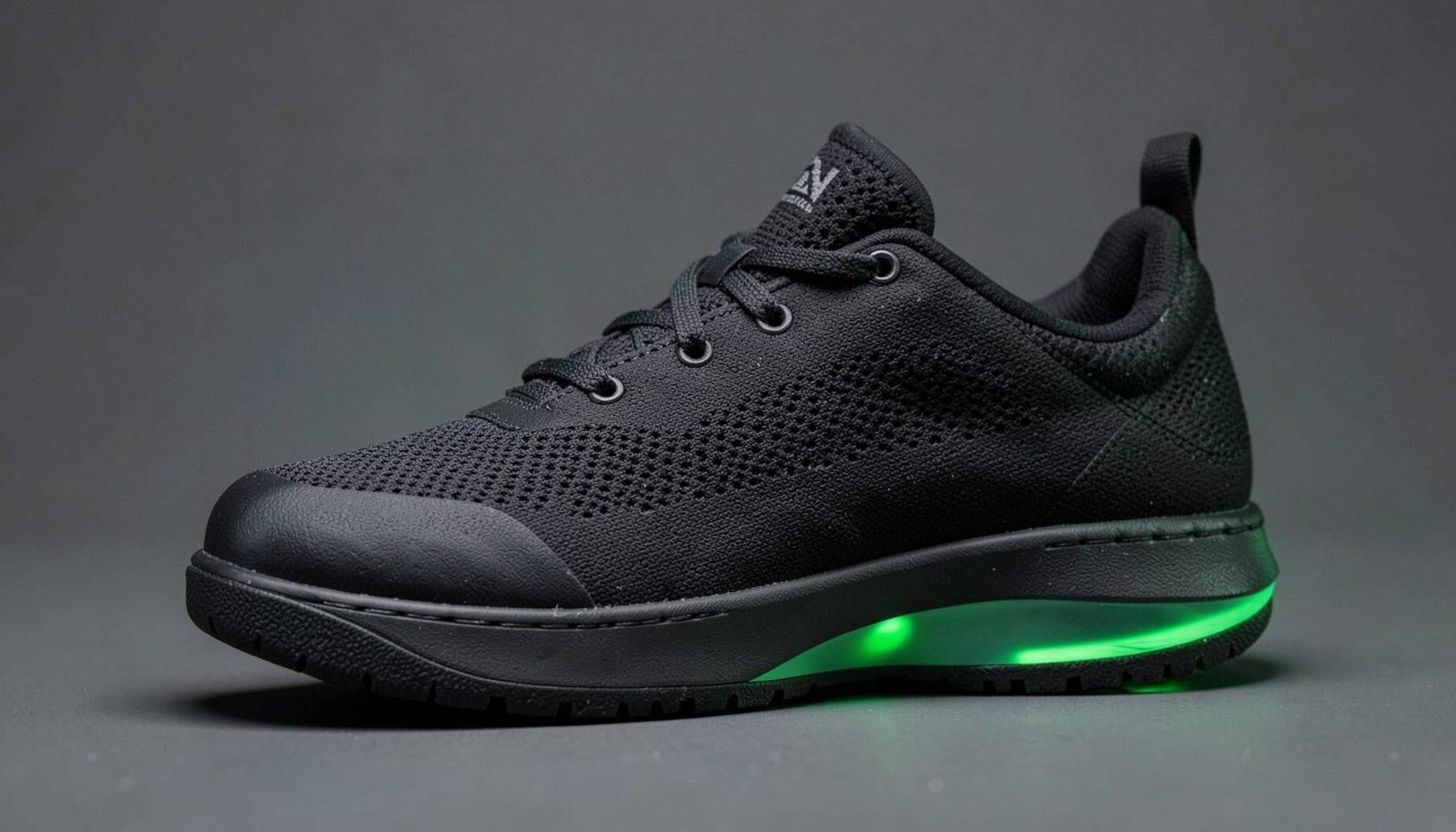 Dark-toned basketball shoe with textured upper and thick sole, green accent lighting